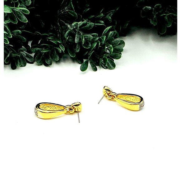 Delicate Two Tone Crystal Teardrop Hoop Earrings Gold Silver Rhinestone - Picture 4 of 6